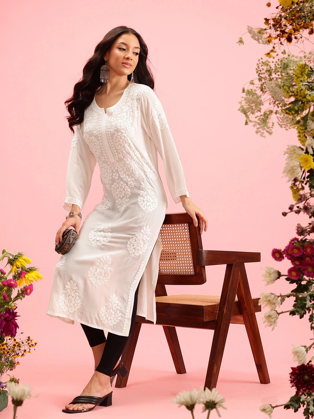 Ada Hand Embroidered White Modal Lucknowi Chikankari Straight Kurta A411632