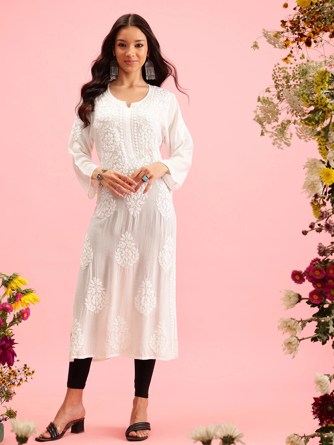 Ada Hand Embroidered White Modal Lucknowi Chikankari Straight Kurta A411632