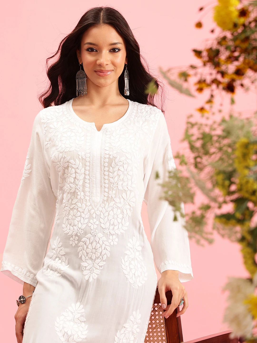 Ada Hand Embroidered White Modal Lucknowi Chikankari Straight Kurta A411632