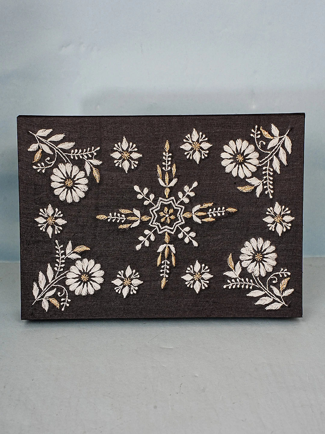Ada Hand Embroidered Black Silk Lucknowi Chikankari Jewellery Box With Zari Work 01A561777