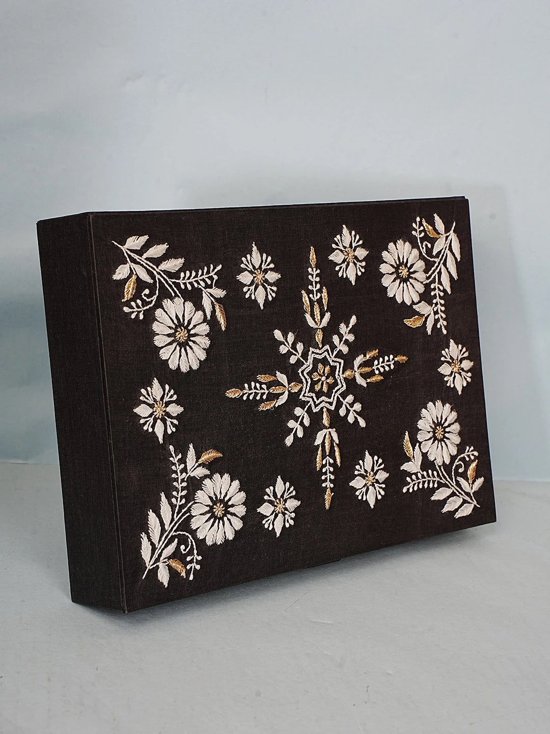 Ada Hand Embroidered Black Silk Lucknowi Chikankari Jewellery Box With Zari Work 01A561777