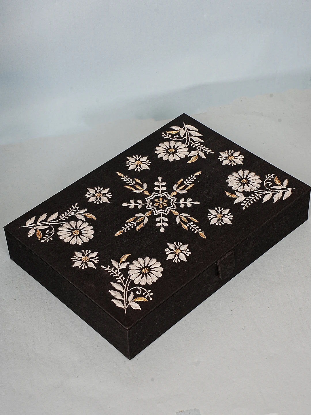 Ada Hand Embroidered Black Silk Lucknowi Chikankari Jewellery Box With Zari Work 01A561777