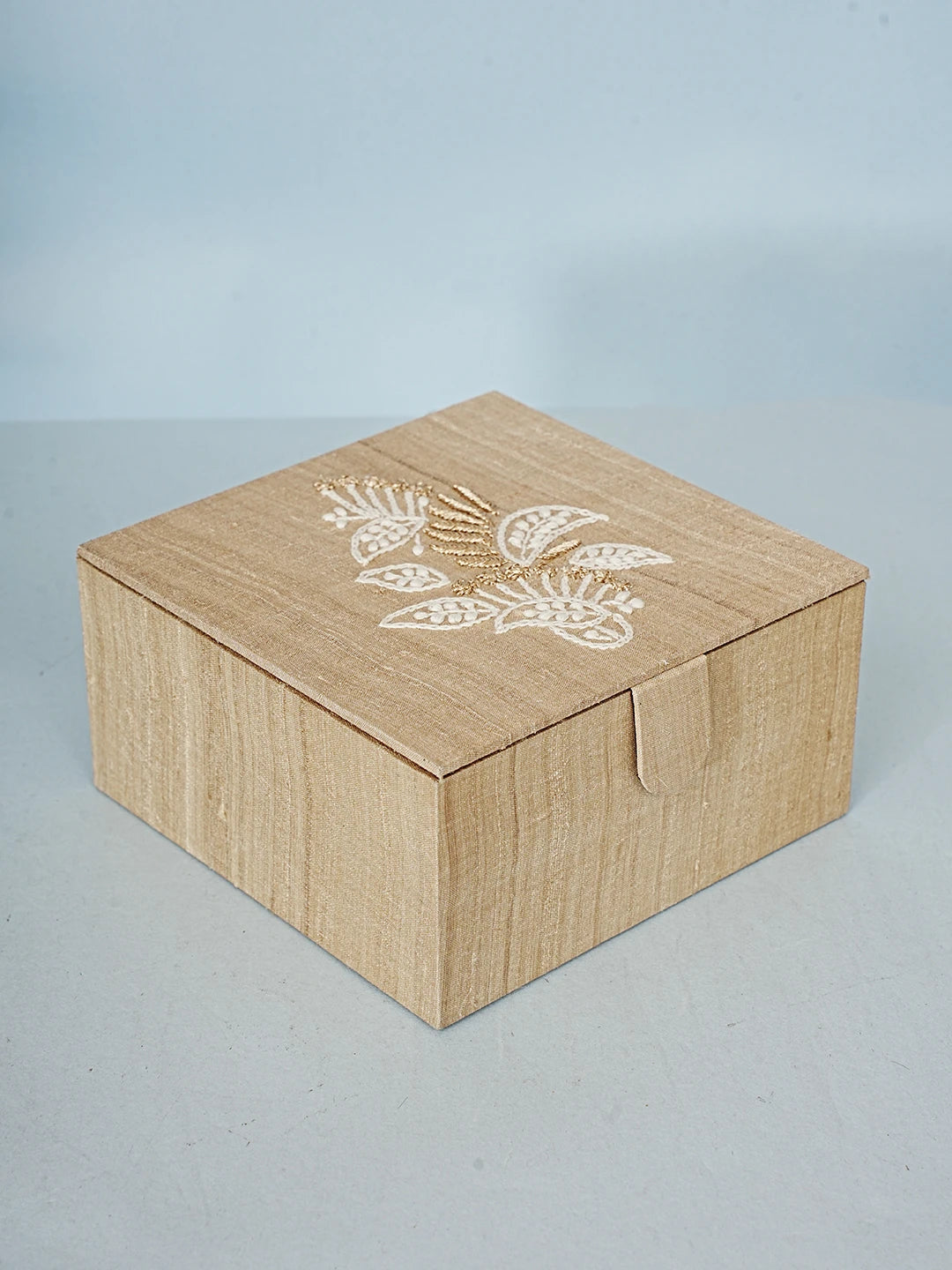 Ada Hand Embroidered Fawn Silk Lucknowi Chikankari Utility Box With Zari Work 01A589743