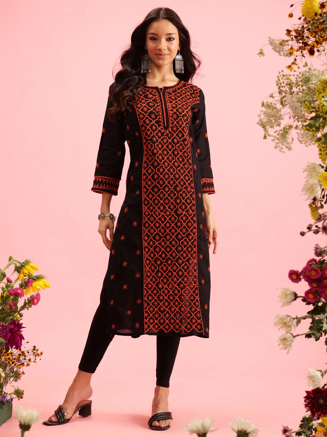 Ada Hand Embroidered Black Cotton Lucknowi Chikankari Straight Long Kurta A411641