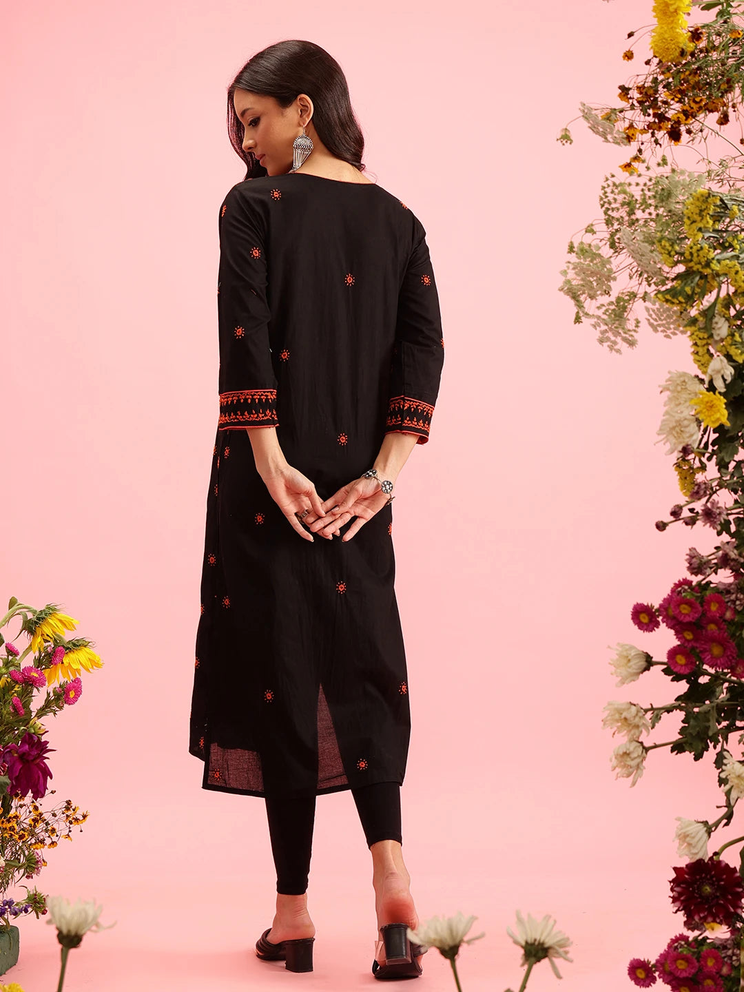 Ada Hand Embroidered Black Cotton Lucknowi Chikankari Straight Long Kurta A411641