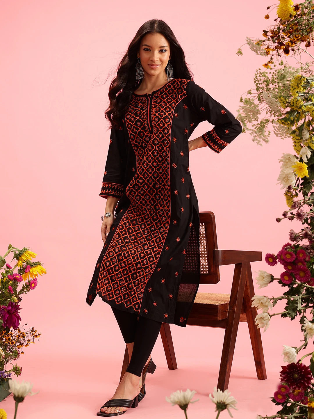 Ada Hand Embroidered Black Cotton Lucknowi Chikankari Straight Long Kurta A411641