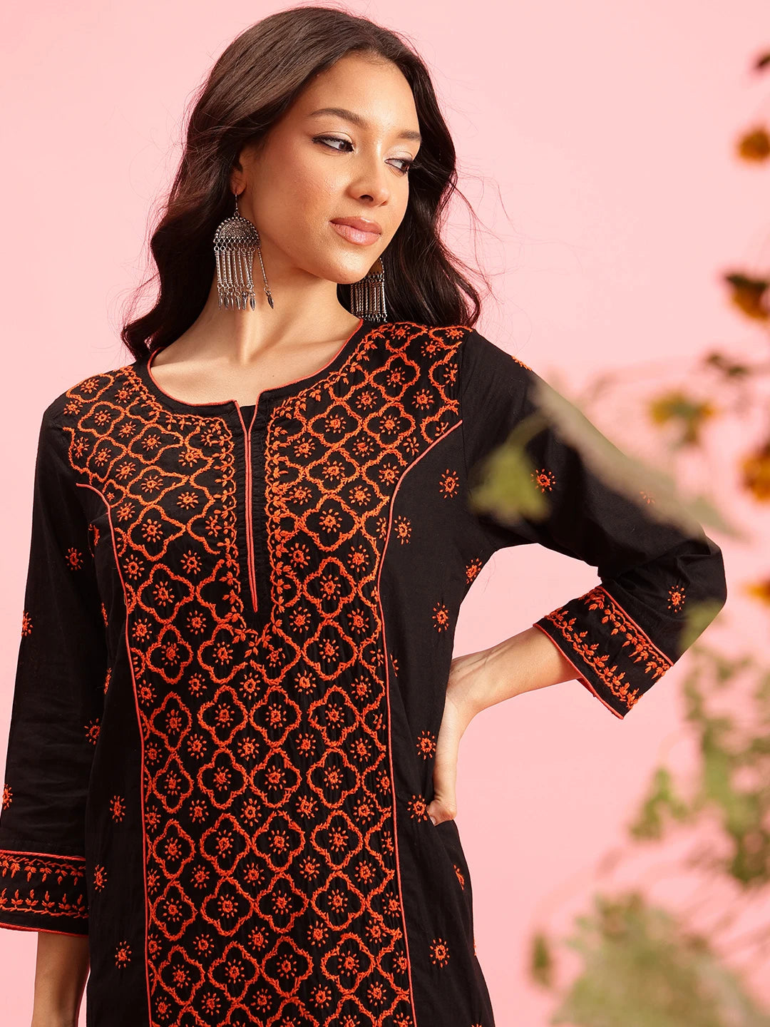 Ada Hand Embroidered Black Cotton Lucknowi Chikankari Straight Long Kurta A411641