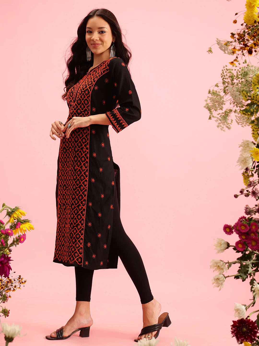 Ada Hand Embroidered Black Cotton Lucknowi Chikankari Straight Long Kurta A411641