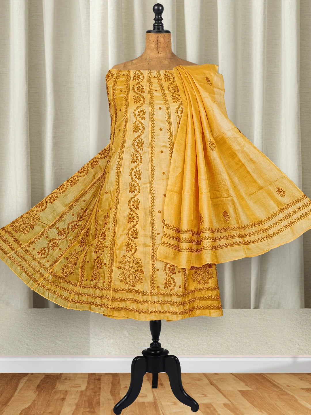 Ada Hand Embroidered Mustard Tussar Silk Lucknowi Chikankari Semi-Stitched Anarkali Kurta Dupatta Set 01A591761