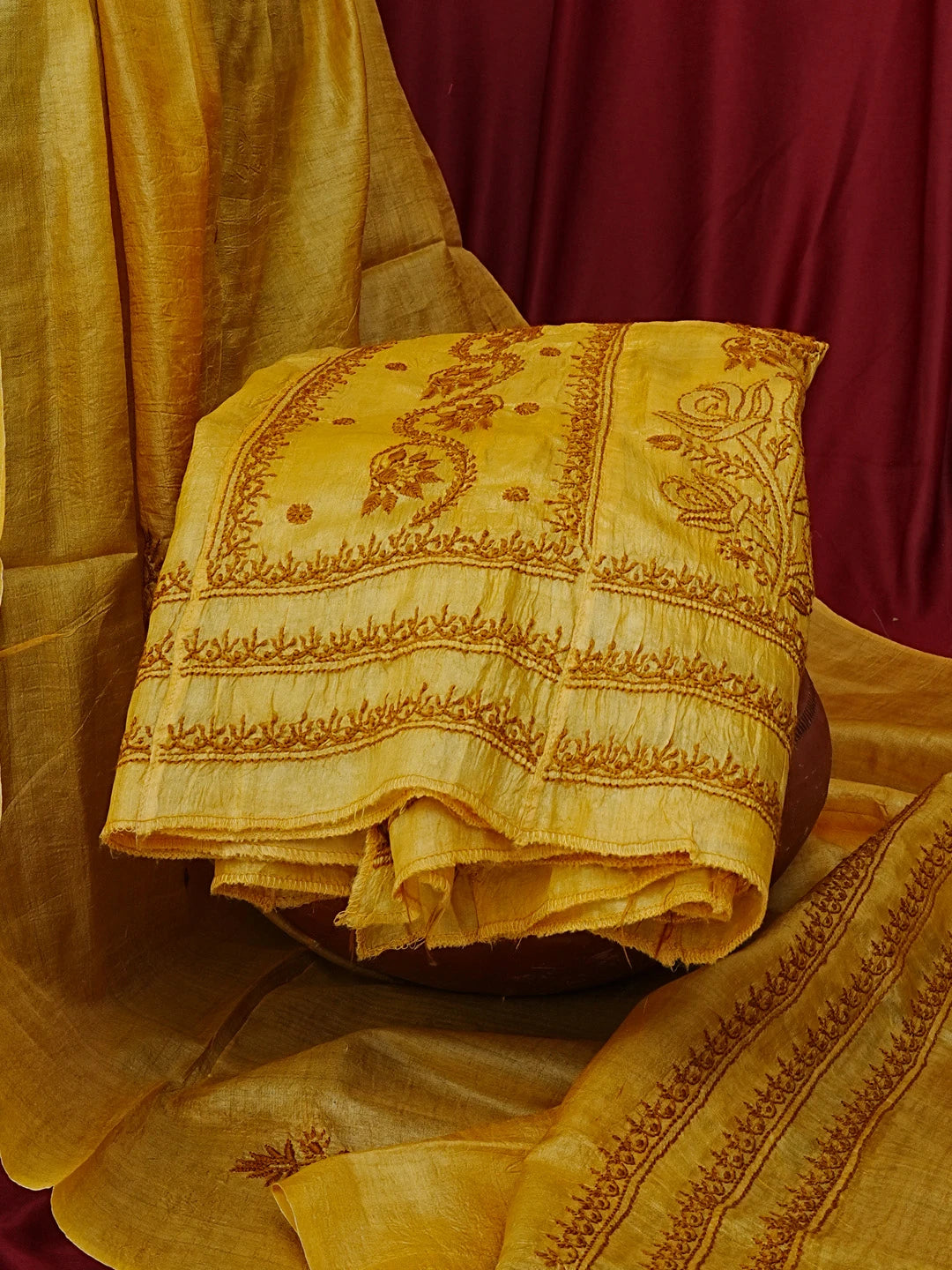 Ada Hand Embroidered Mustard Tussar Silk Lucknowi Chikankari Semi-Stitched Anarkali Kurta Dupatta Set 01A591761