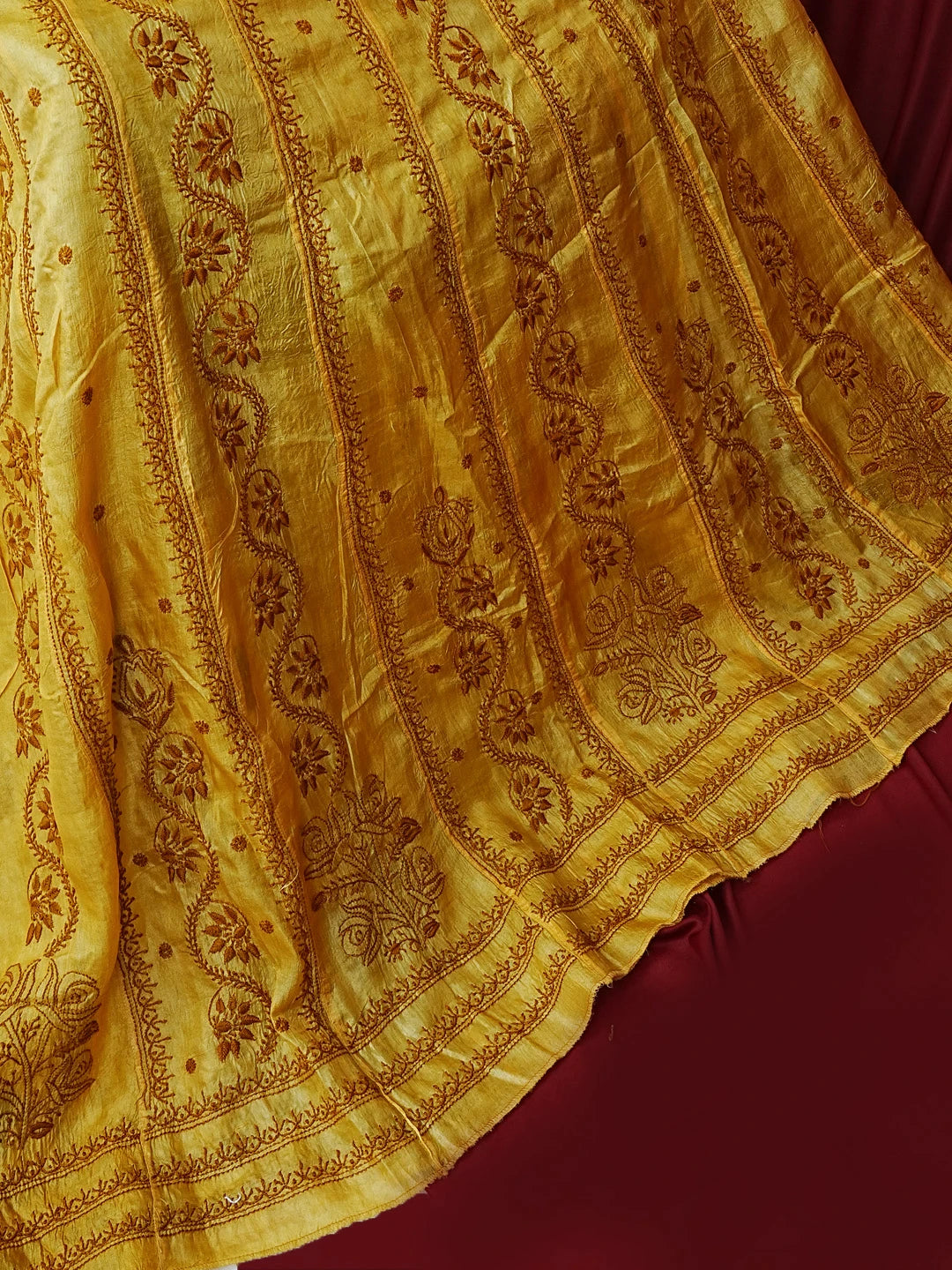 Ada Hand Embroidered Mustard Tussar Silk Lucknowi Chikankari Semi-Stitched Anarkali Kurta Dupatta Set 01A591761