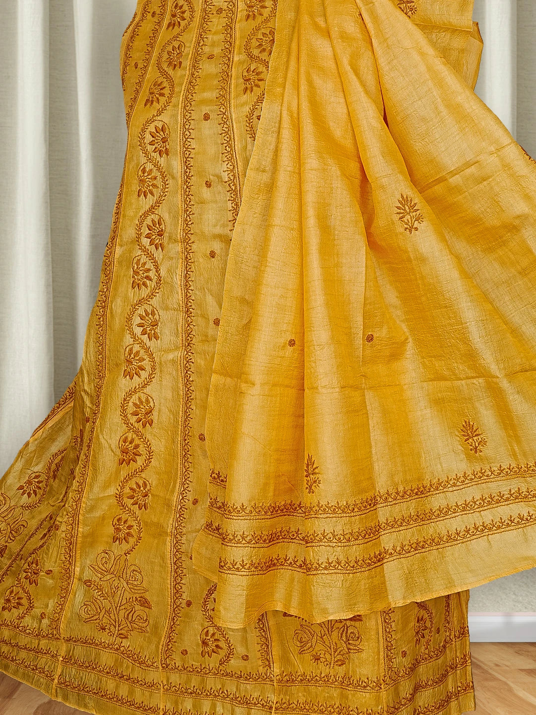 Ada Hand Embroidered Mustard Tussar Silk Lucknowi Chikankari Semi-Stitched Anarkali Kurta Dupatta Set 01A591761