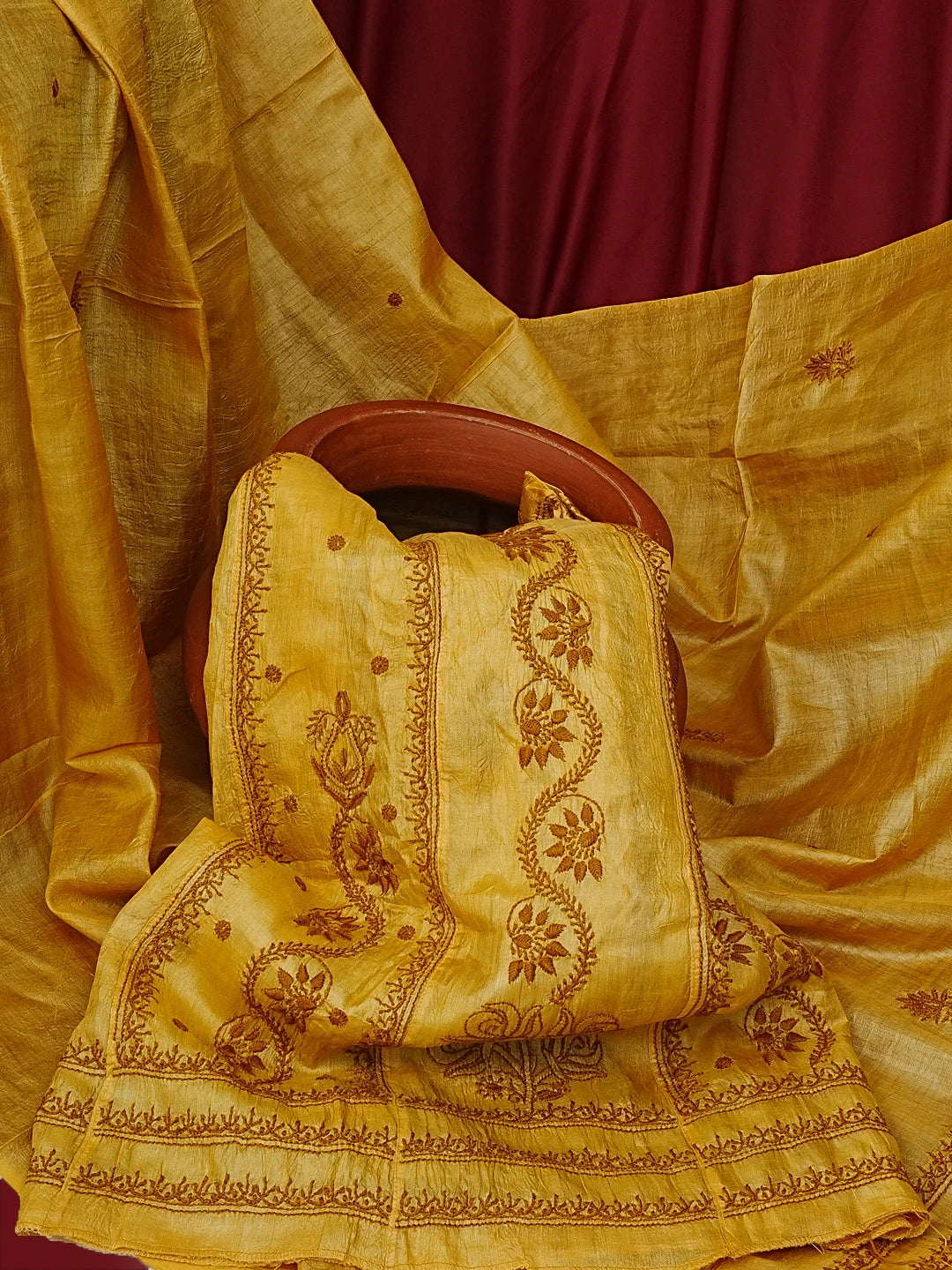 Ada Hand Embroidered Mustard Tussar Silk Lucknowi Chikankari Semi-Stitched Anarkali Kurta Dupatta Set 01A591761