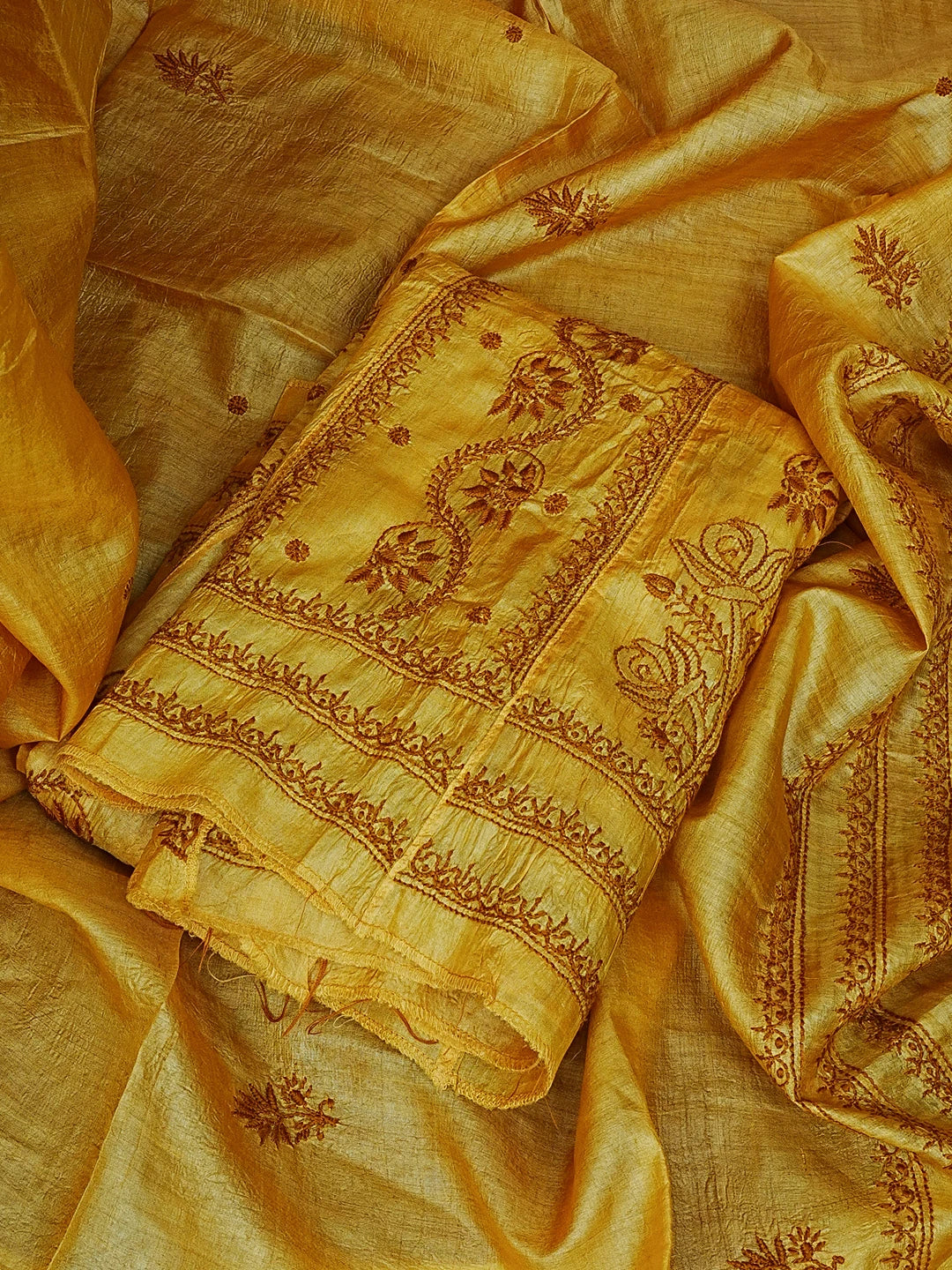 Ada Hand Embroidered Mustard Tussar Silk Lucknowi Chikankari Semi-Stitched Anarkali Kurta Dupatta Set 01A591761