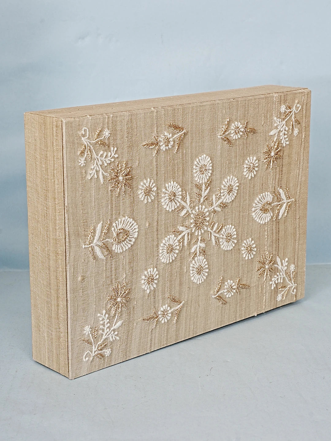 Ada Hand Embroidered Fawn Silk Lucknowi Chikankari Jewellery Box With Zari Work 01A575887