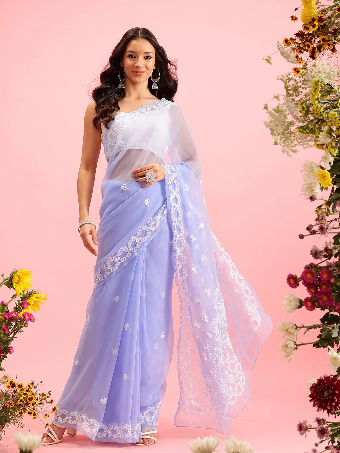Ada Hand Embroidered Mauve Georgette Lucknowi Chikankari Saree With Blouse A311373