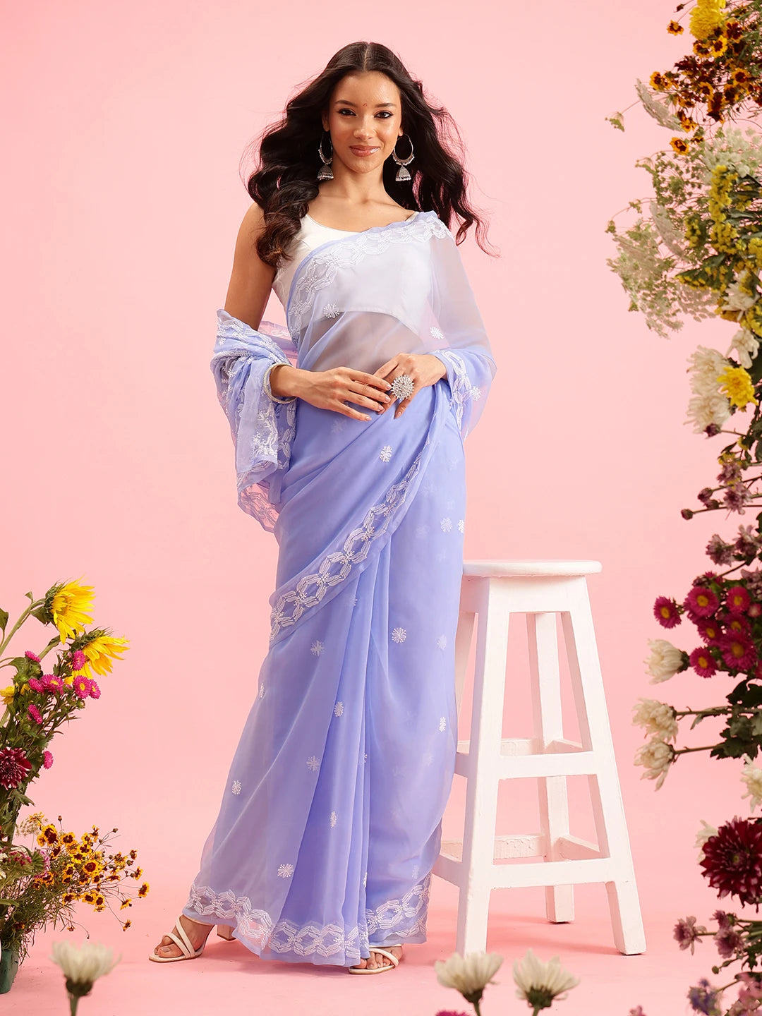 Ada Hand Embroidered Mauve Georgette Lucknowi Chikankari Saree With Blouse A311373