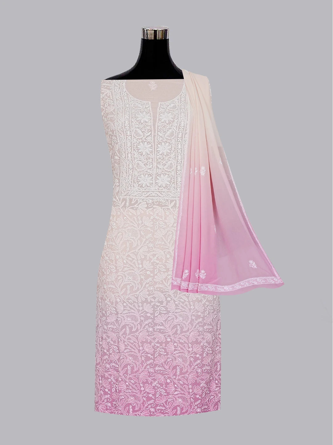 Ada Hand Embroidered Ombre Shade of Persian Pink & Mimi Pink Pure Georgette Lucknowi Chikankari Unstitched Kurta Dupatta Set 01A590641