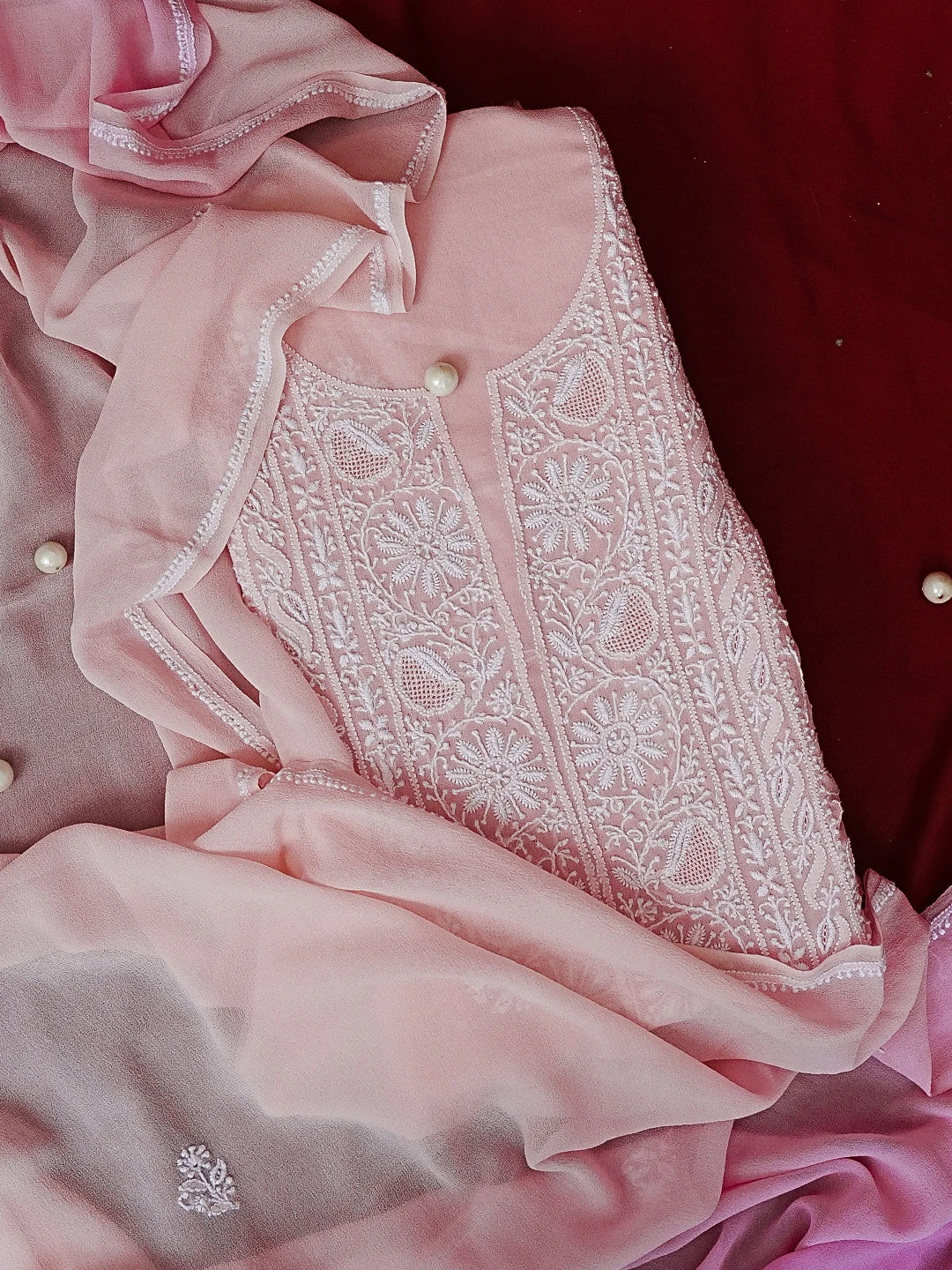 Ada Hand Embroidered Ombre Shade of Persian Pink & Mimi Pink Pure Georgette Lucknowi Chikankari Unstitched Kurta Dupatta Set 01A590641