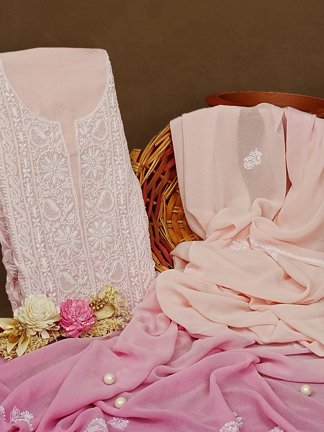 Ada Hand Embroidered Ombre Shade of Persian Pink & Mimi Pink Pure Georgette Lucknowi Chikankari Unstitched Kurta Dupatta Set 01A590641