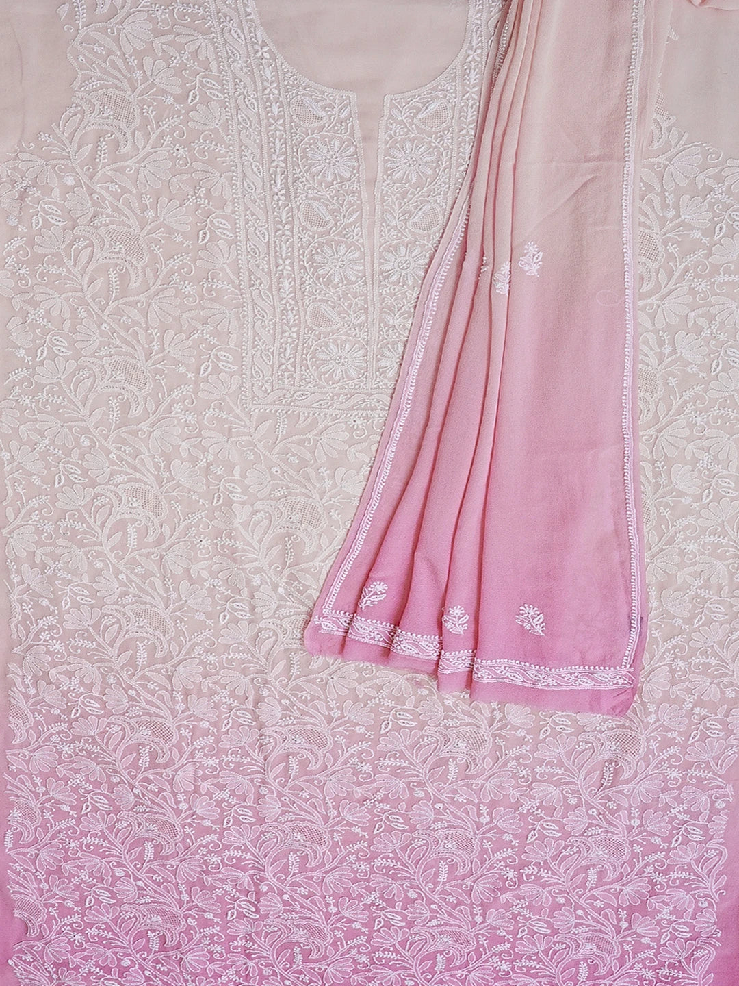 Ada Hand Embroidered Ombre Shade of Persian Pink & Mimi Pink Pure Georgette Lucknowi Chikankari Unstitched Kurta Dupatta Set 01A590641