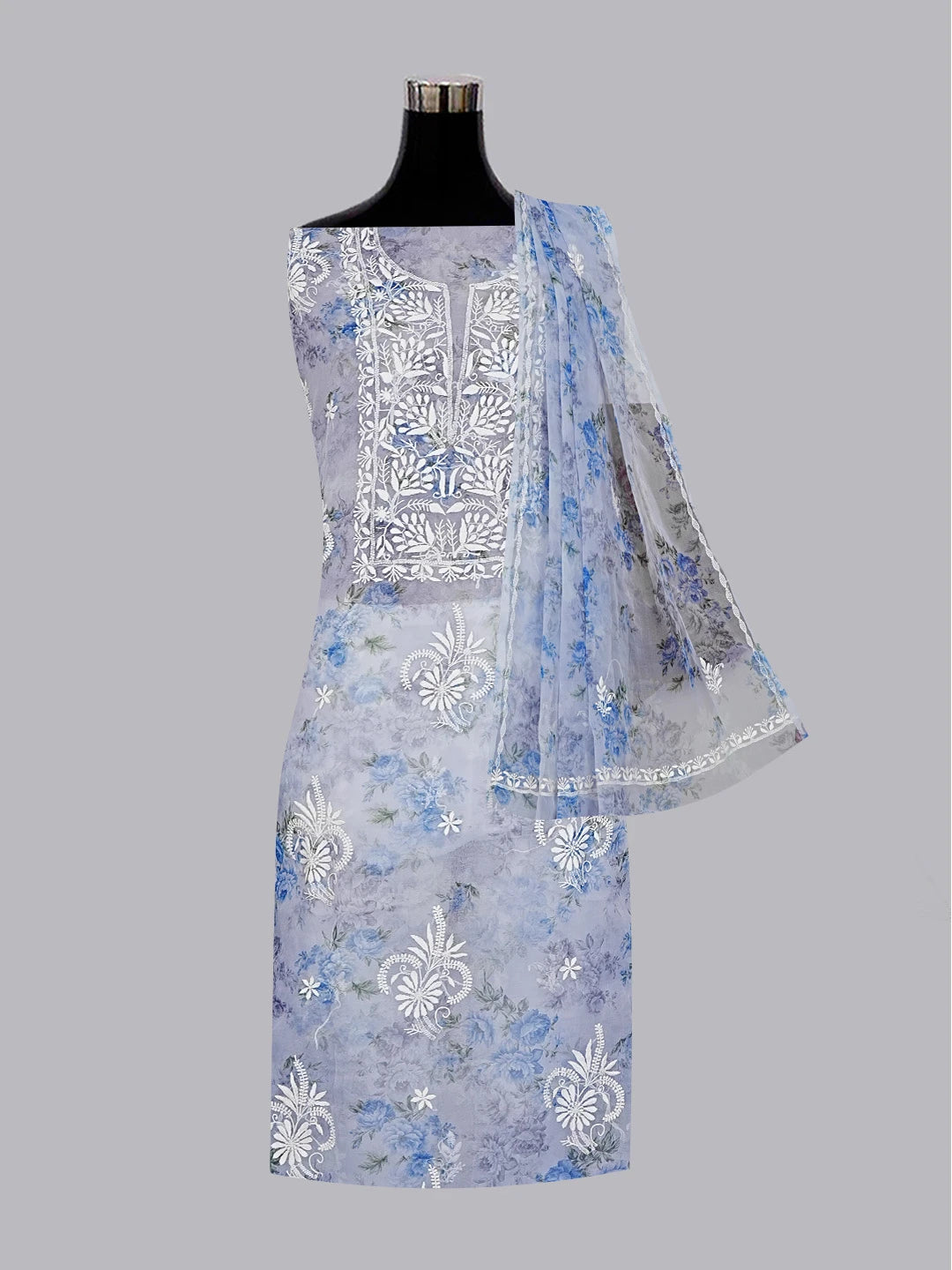 Ada Hand Embroidered Lavender Organza Floral Printed Chikankari Unstitched Kurta Dupatta Set 01A585925