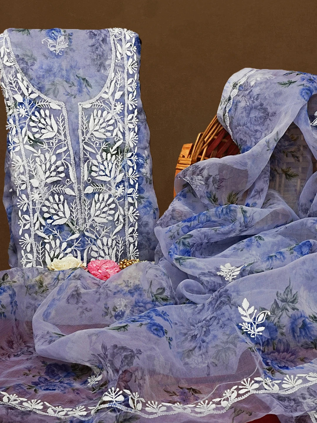 Ada Hand Embroidered Lavender Organza Floral Printed Chikankari Unstitched Kurta Dupatta Set 01A585925