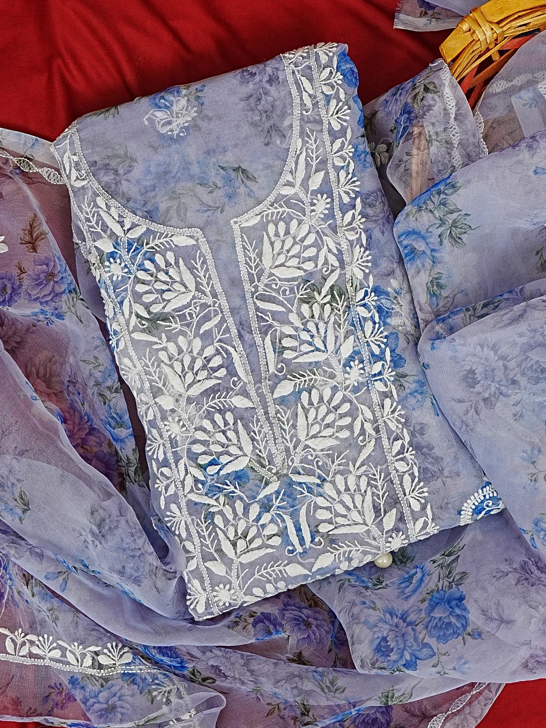 Ada Hand Embroidered Lavender Organza Floral Printed Chikankari Unstitched Kurta Dupatta Set 01A585925