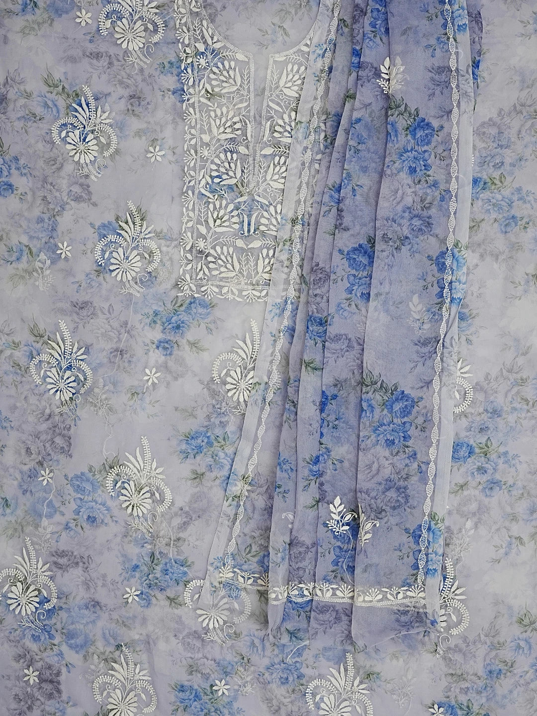Ada Hand Embroidered Lavender Organza Floral Printed Chikankari Unstitched Kurta Dupatta Set 01A585925