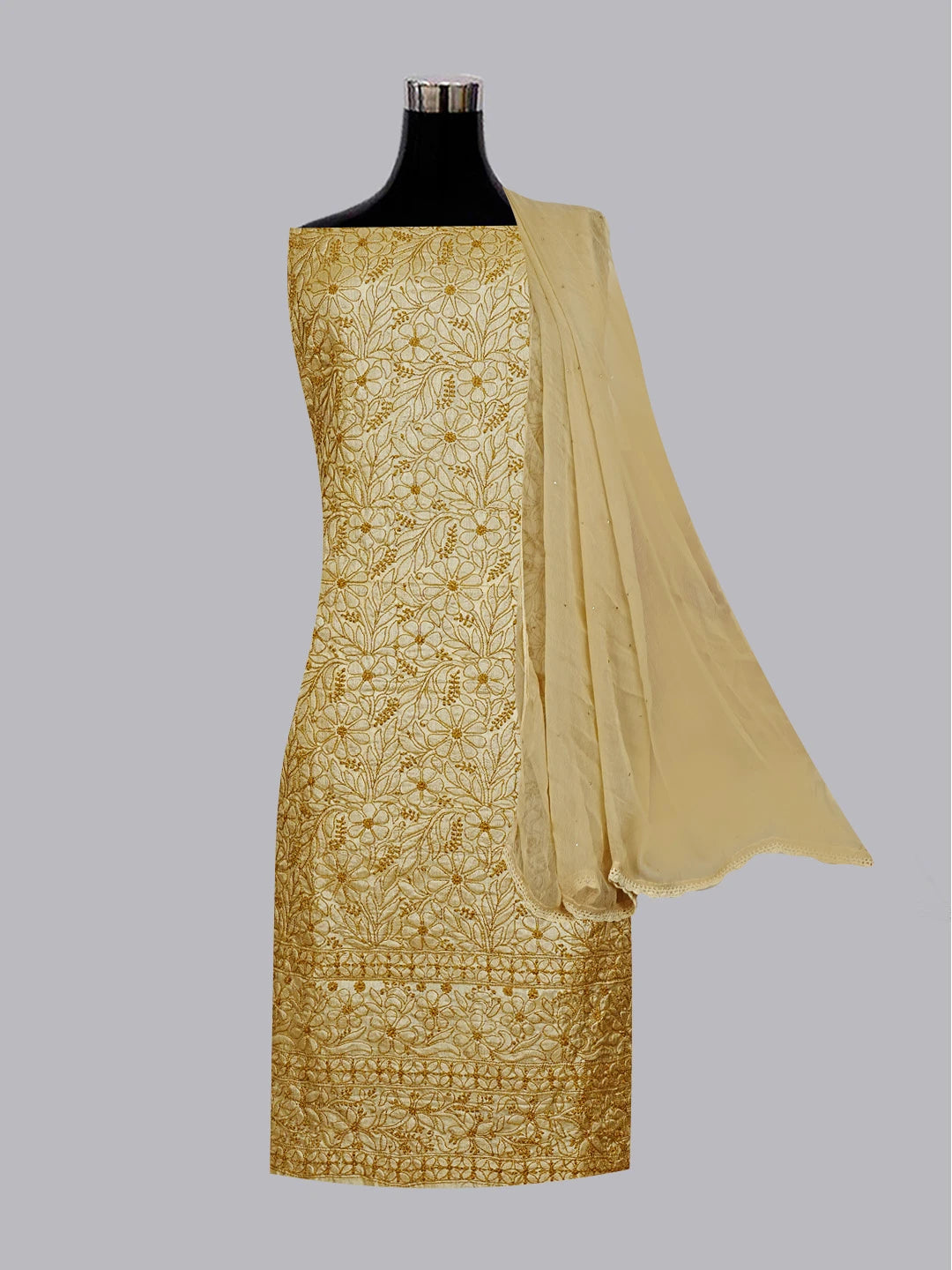 Ada Hand Embroidered Fawn Silk Lucknowi Chikankari Unstitched Suit Piece 01A575453