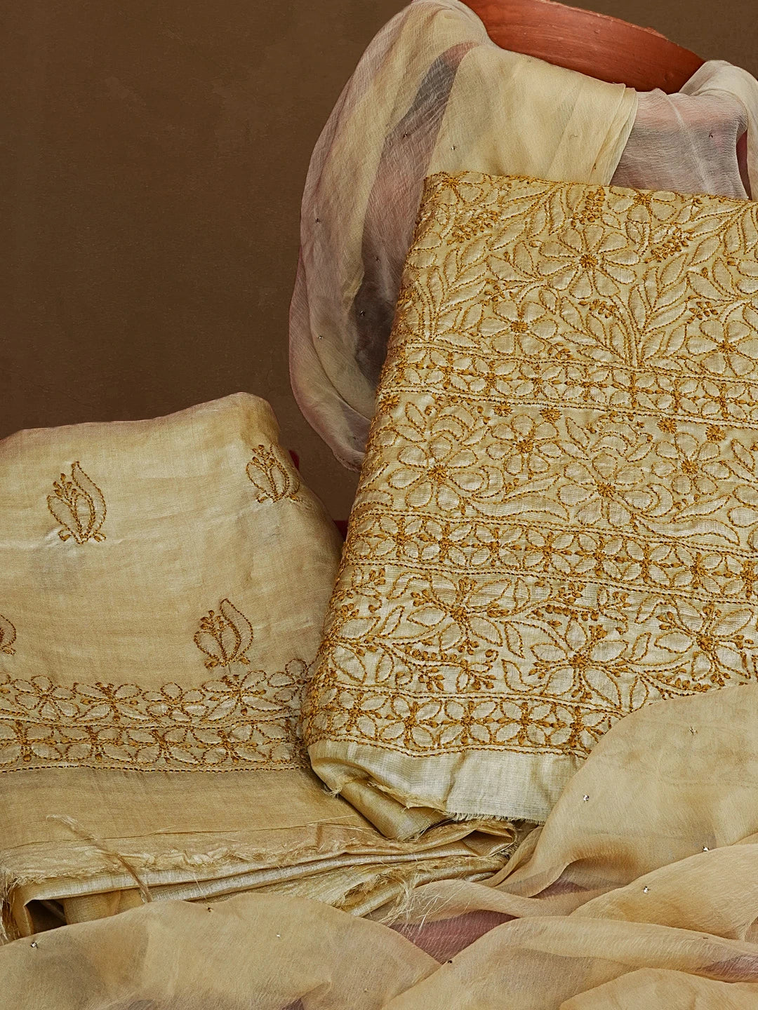Ada Hand Embroidered Fawn Silk Lucknowi Chikankari Unstitched Suit Piece 01A575453