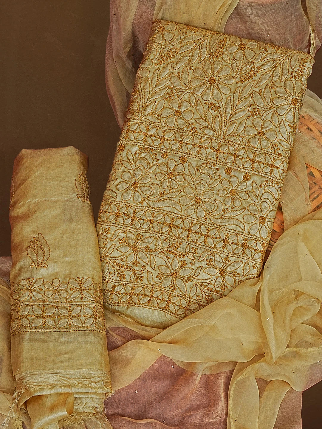 Ada Hand Embroidered Fawn Silk Lucknowi Chikankari Unstitched Suit Piece 01A575453