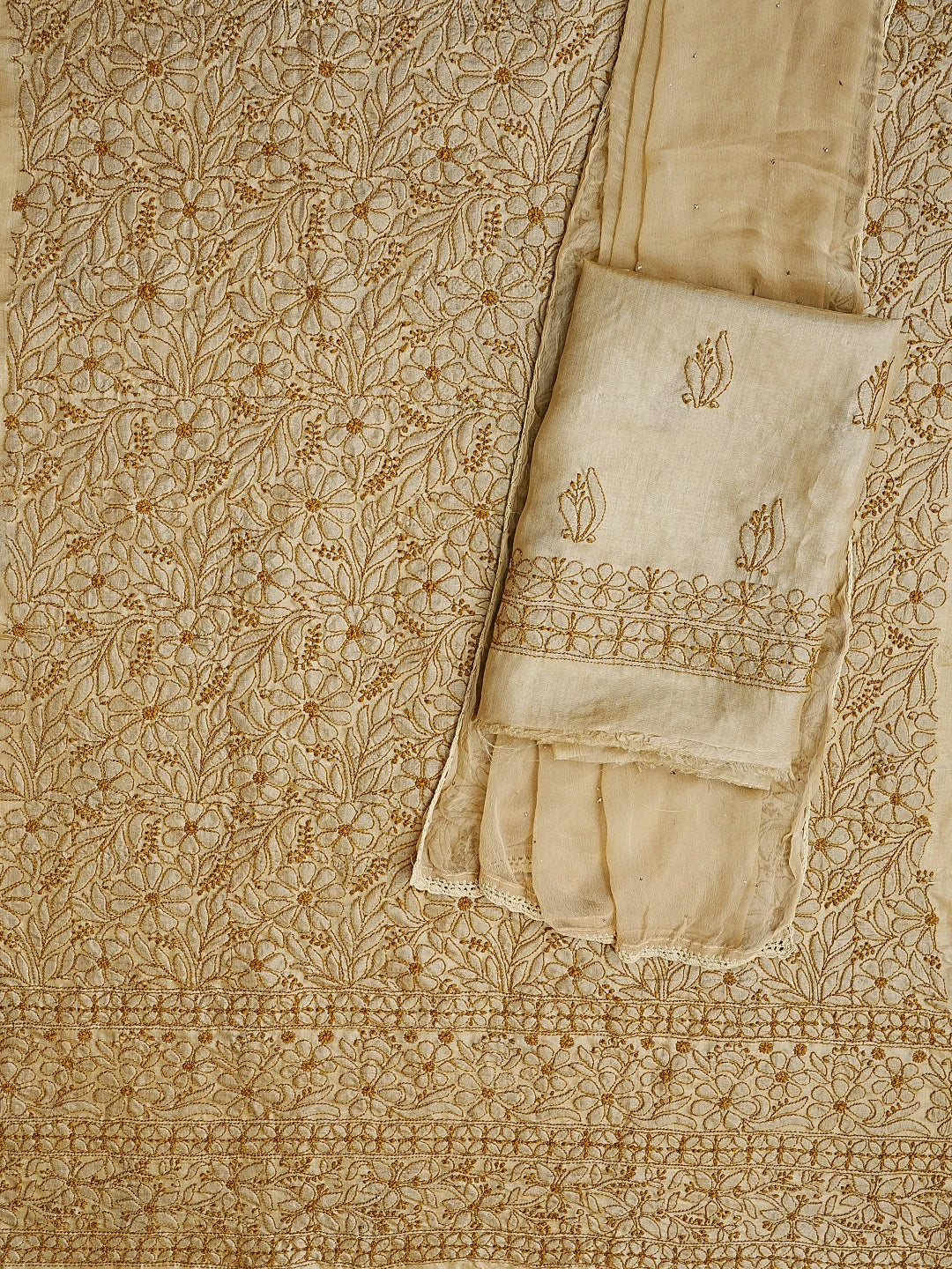 Ada Hand Embroidered Fawn Silk Lucknowi Chikankari Unstitched Suit Piece 01A575453
