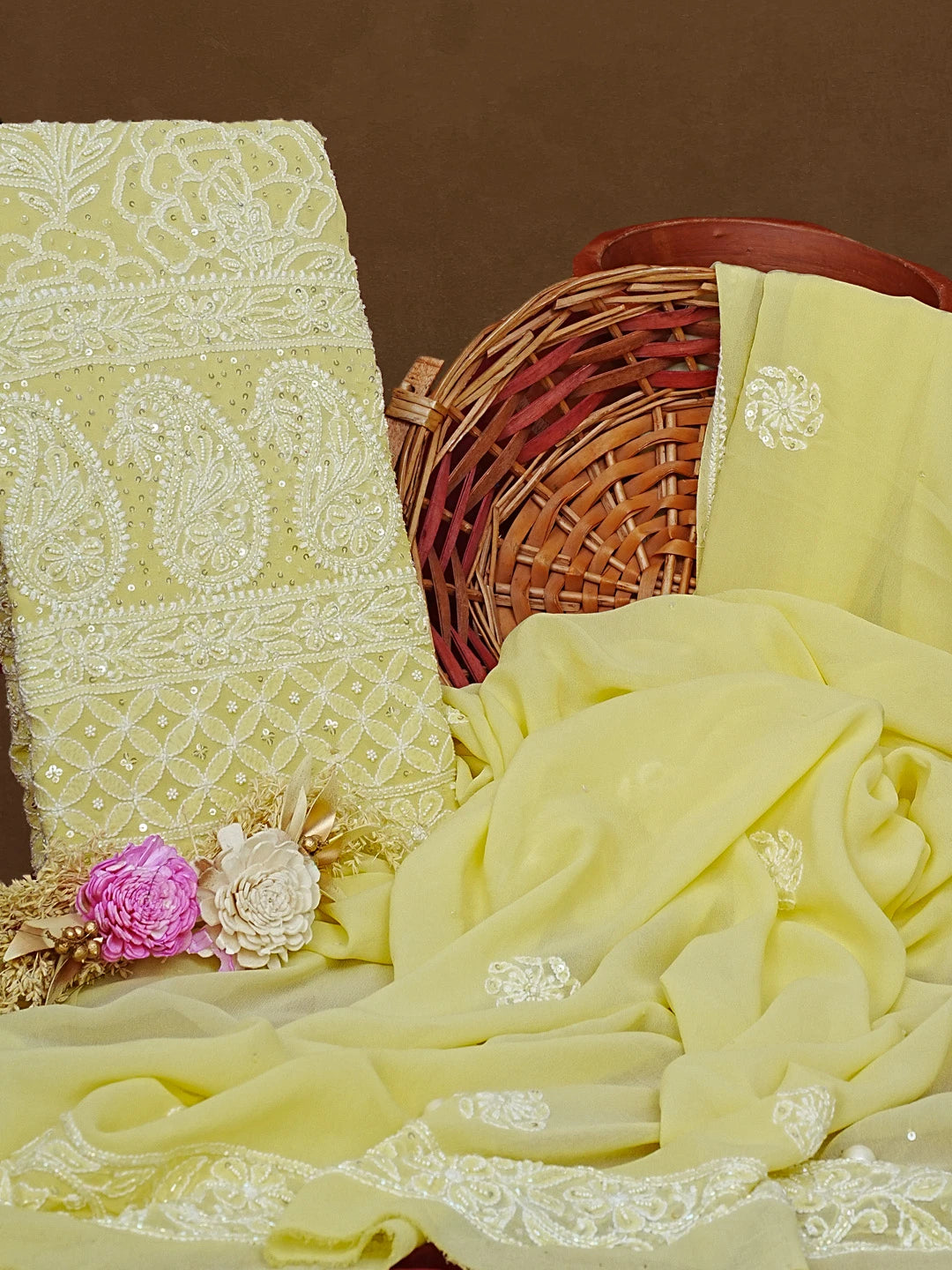 Ada Hand Embroidered Lemon Pure Georgette Lucknowi Chikankari Unstitched Kurta Dupatta Set With Cutdana Work 01A461743
