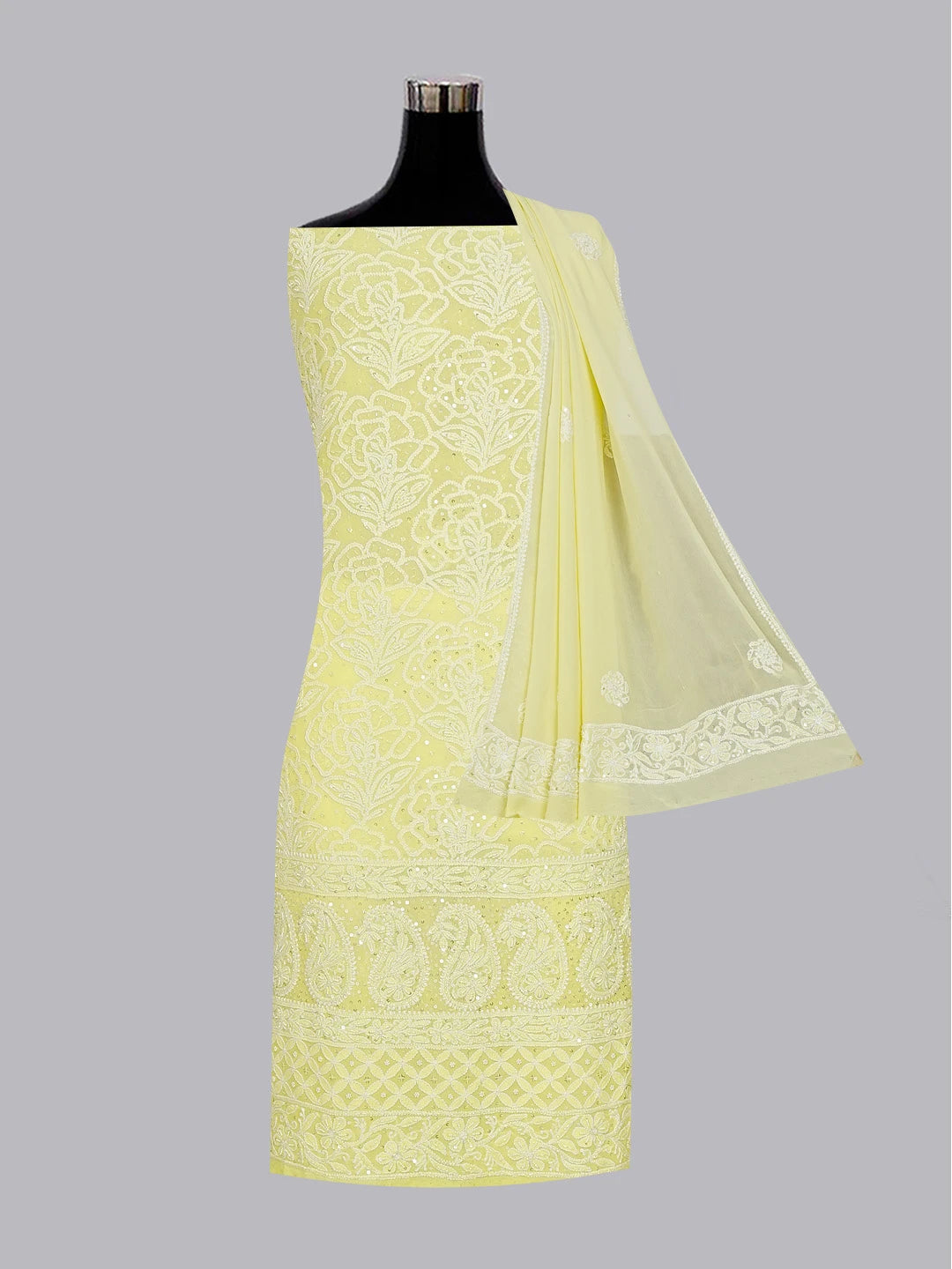 Ada Hand Embroidered Lemon Pure Georgette Lucknowi Chikankari Unstitched Kurta Dupatta Set With Cutdana Work 01A461743