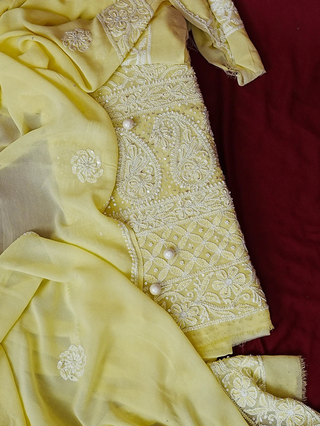 Ada Hand Embroidered Lemon Pure Georgette Lucknowi Chikankari Unstitched Kurta Dupatta Set With Cutdana Work 01A461743