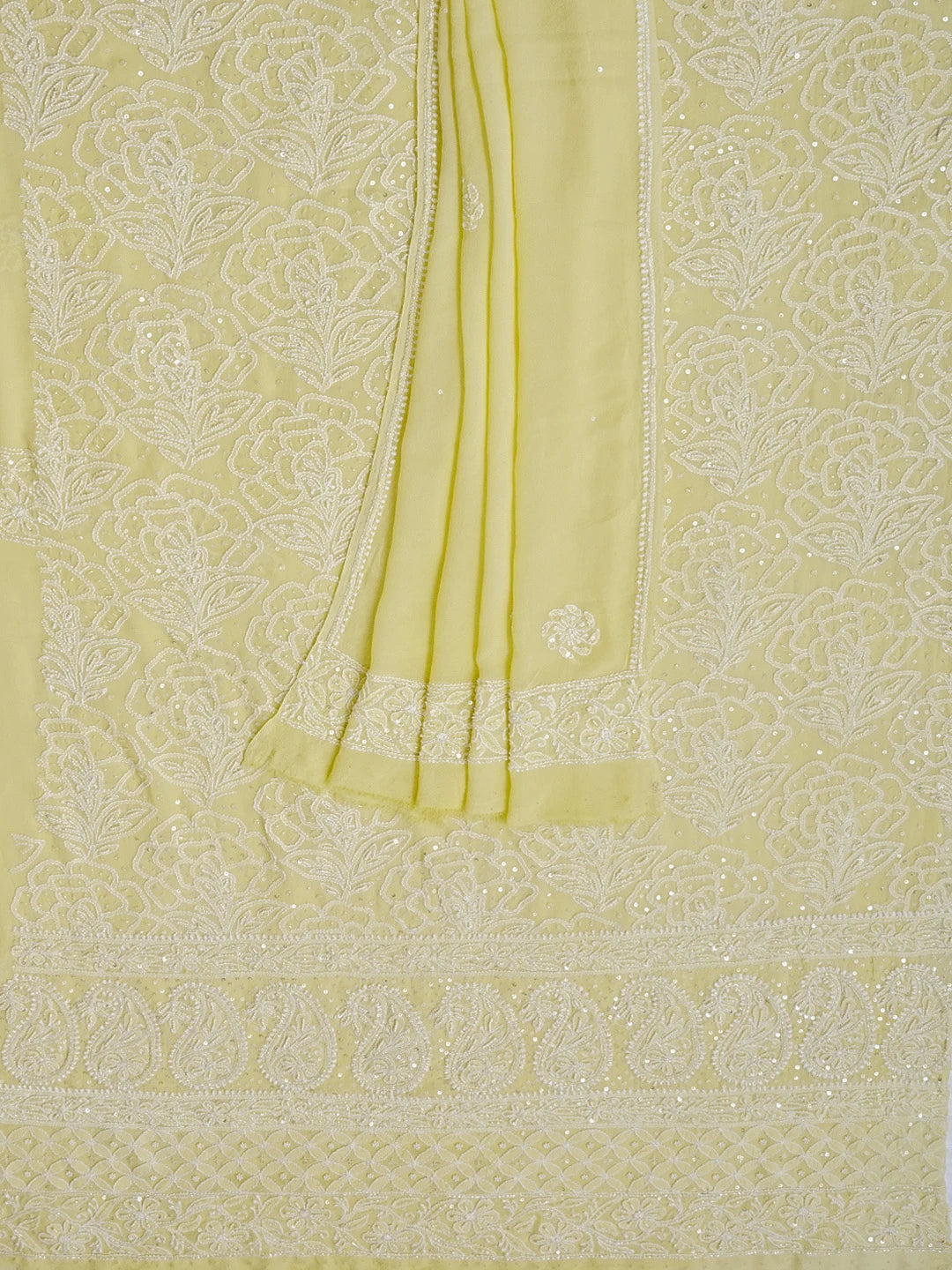 Ada Hand Embroidered Lemon Pure Georgette Lucknowi Chikankari Unstitched Kurta Dupatta Set With Cutdana Work 01A461743