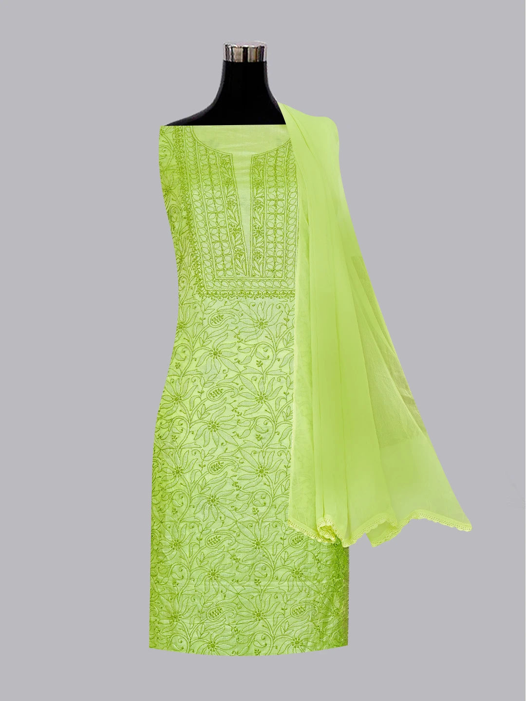Ada Hand Embroidered Green Silk Lucknowi Chikankari Unstitched Suit Piece 01A511874