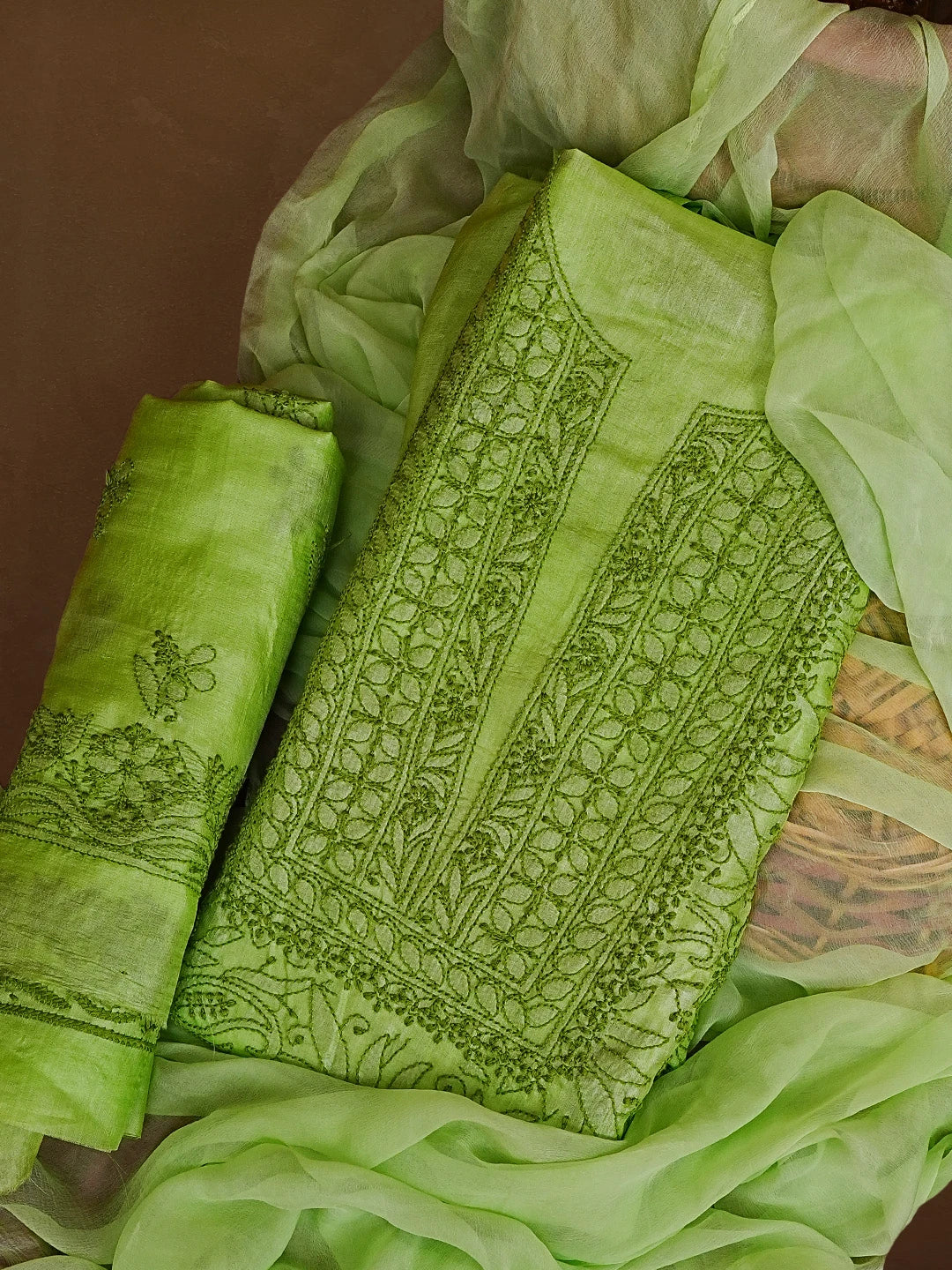 Ada Hand Embroidered Green Silk Lucknowi Chikankari Unstitched Suit Piece 01A511874