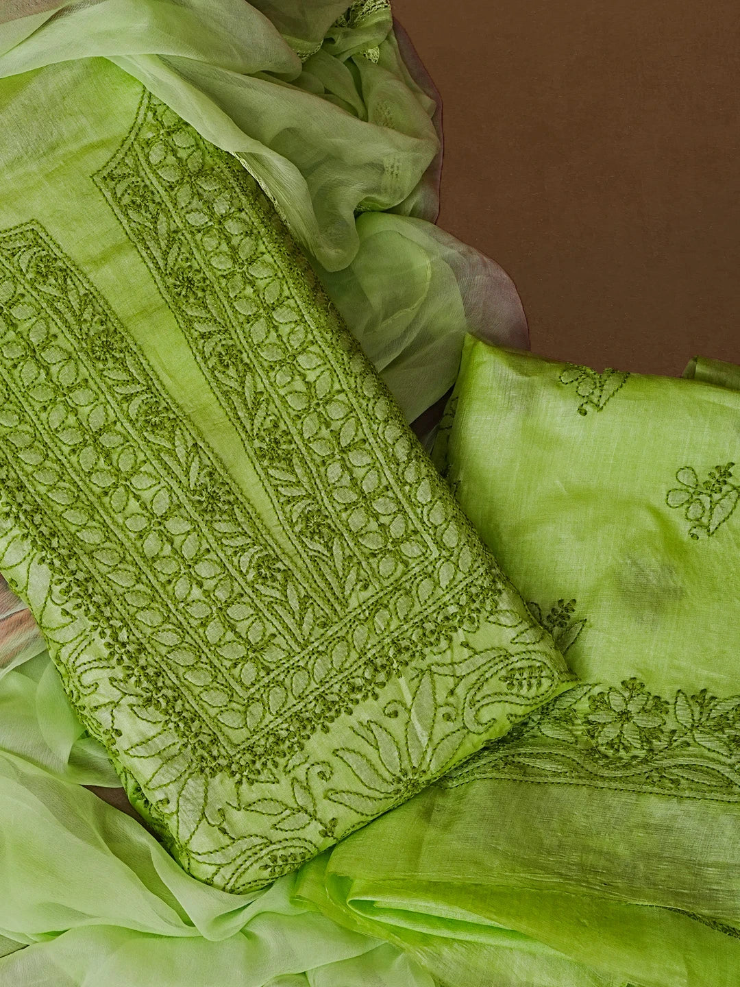 Ada Hand Embroidered Green Silk Lucknowi Chikankari Unstitched Suit Piece 01A511874