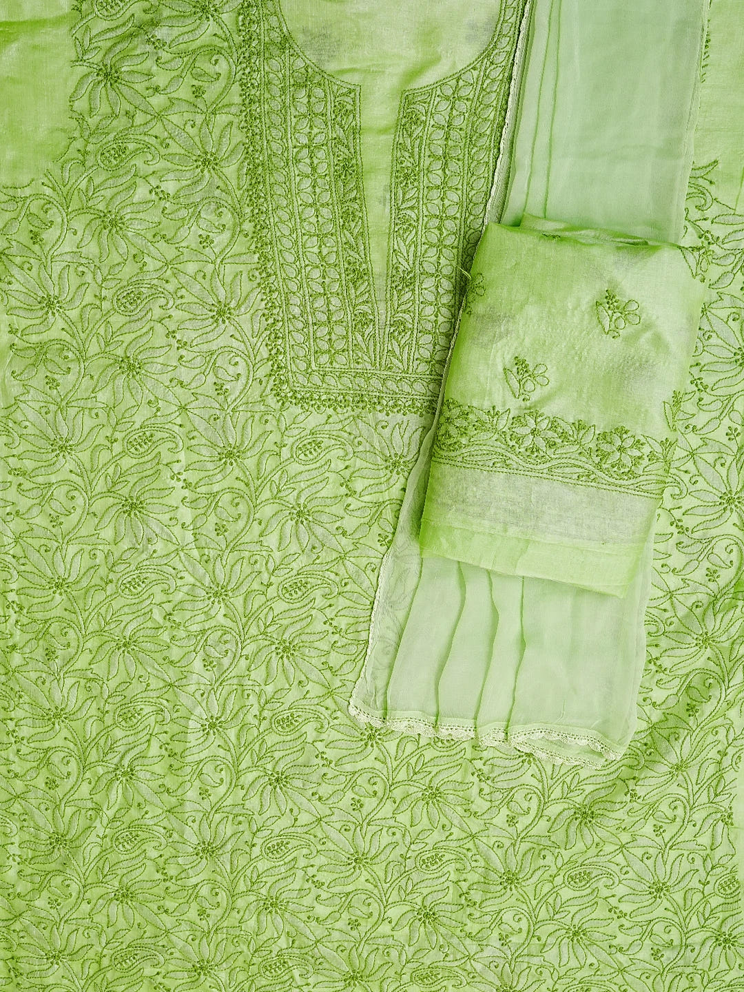 Ada Hand Embroidered Green Silk Lucknowi Chikankari Unstitched Suit Piece 01A511874