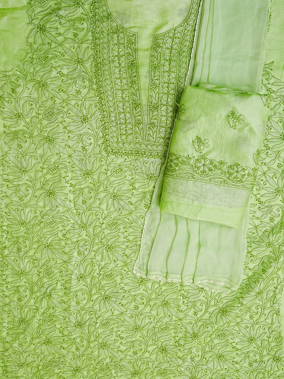Ada Hand Embroidered Green Silk Lucknowi Chikankari Unstitched Suit Piece 01A511874