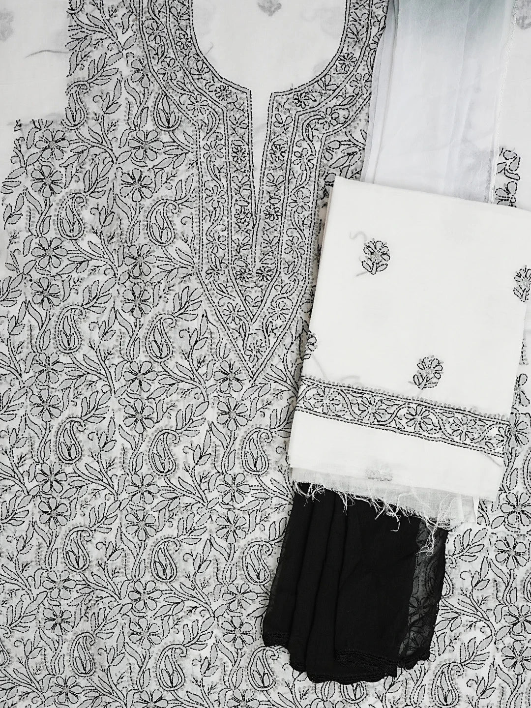 Ada Hand Embroidered White Cotton Lucknowi Chikankari Unstitched Suit Set 01A592721