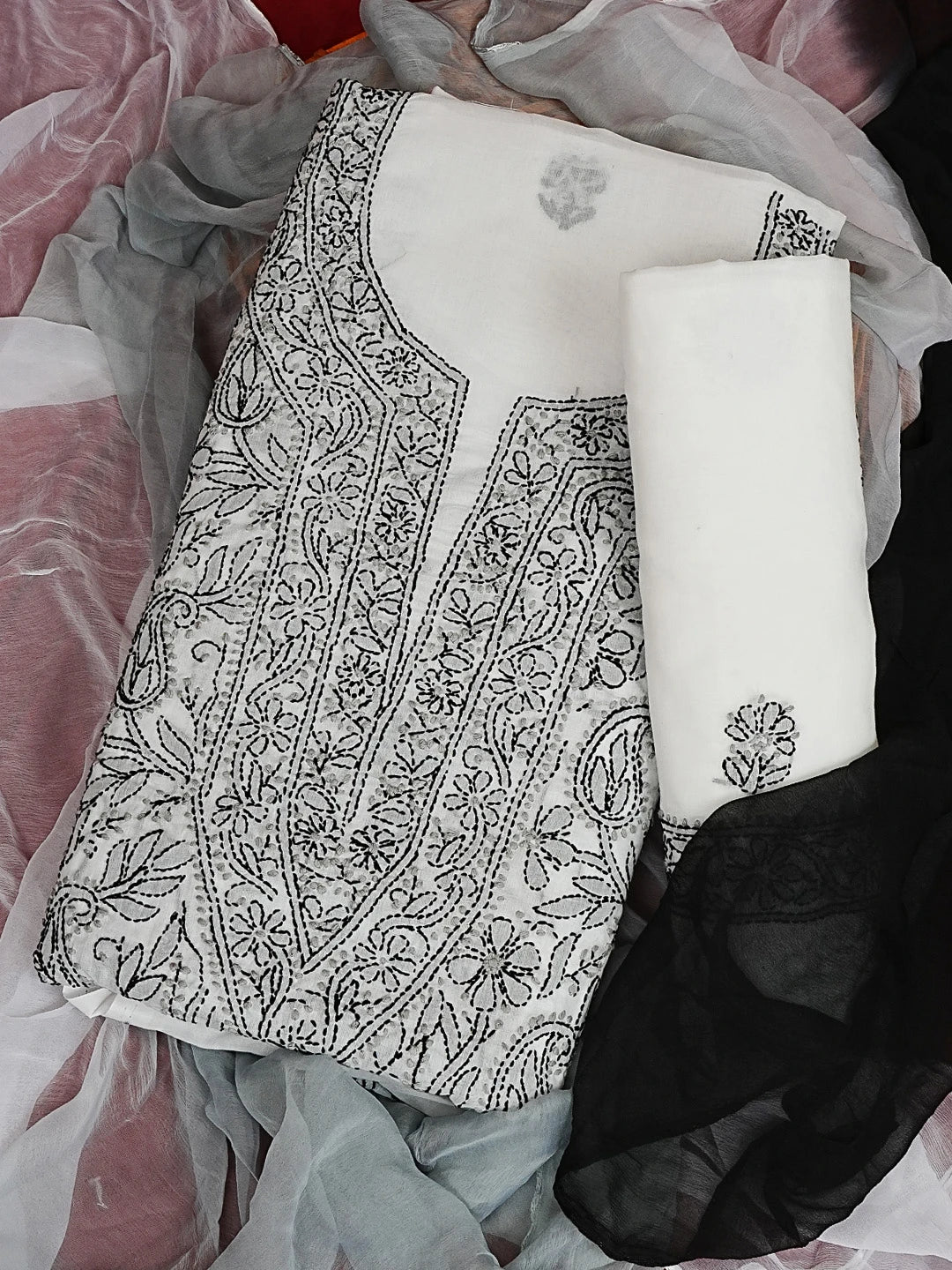 Ada Hand Embroidered White Cotton Lucknowi Chikankari Unstitched Suit Set 01A592721