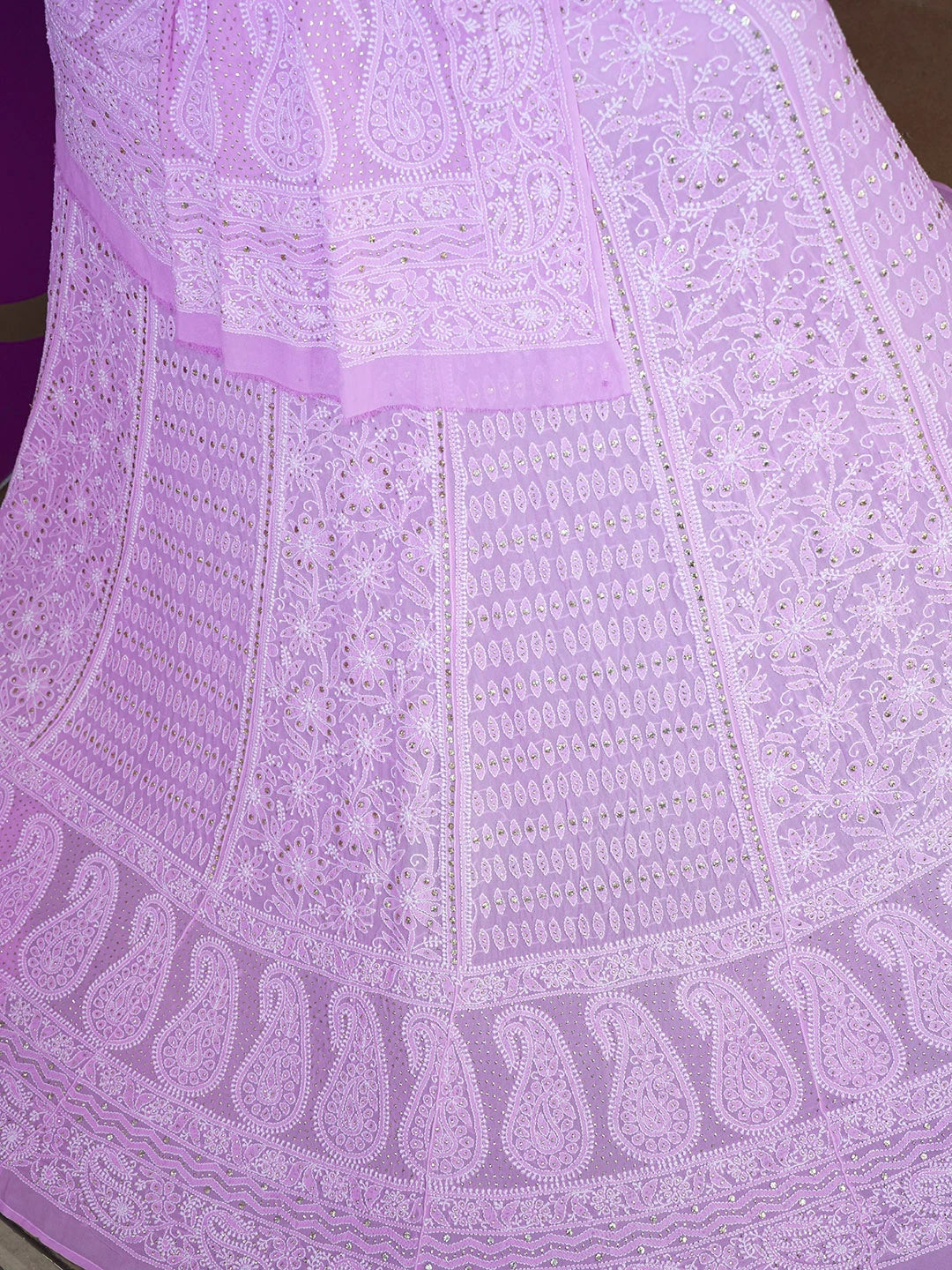 Ada Hand Embroidered Onion Pink Pure Georgette Lucknowi Chikankari Lehenga Set With Muqaish Work 01A220915