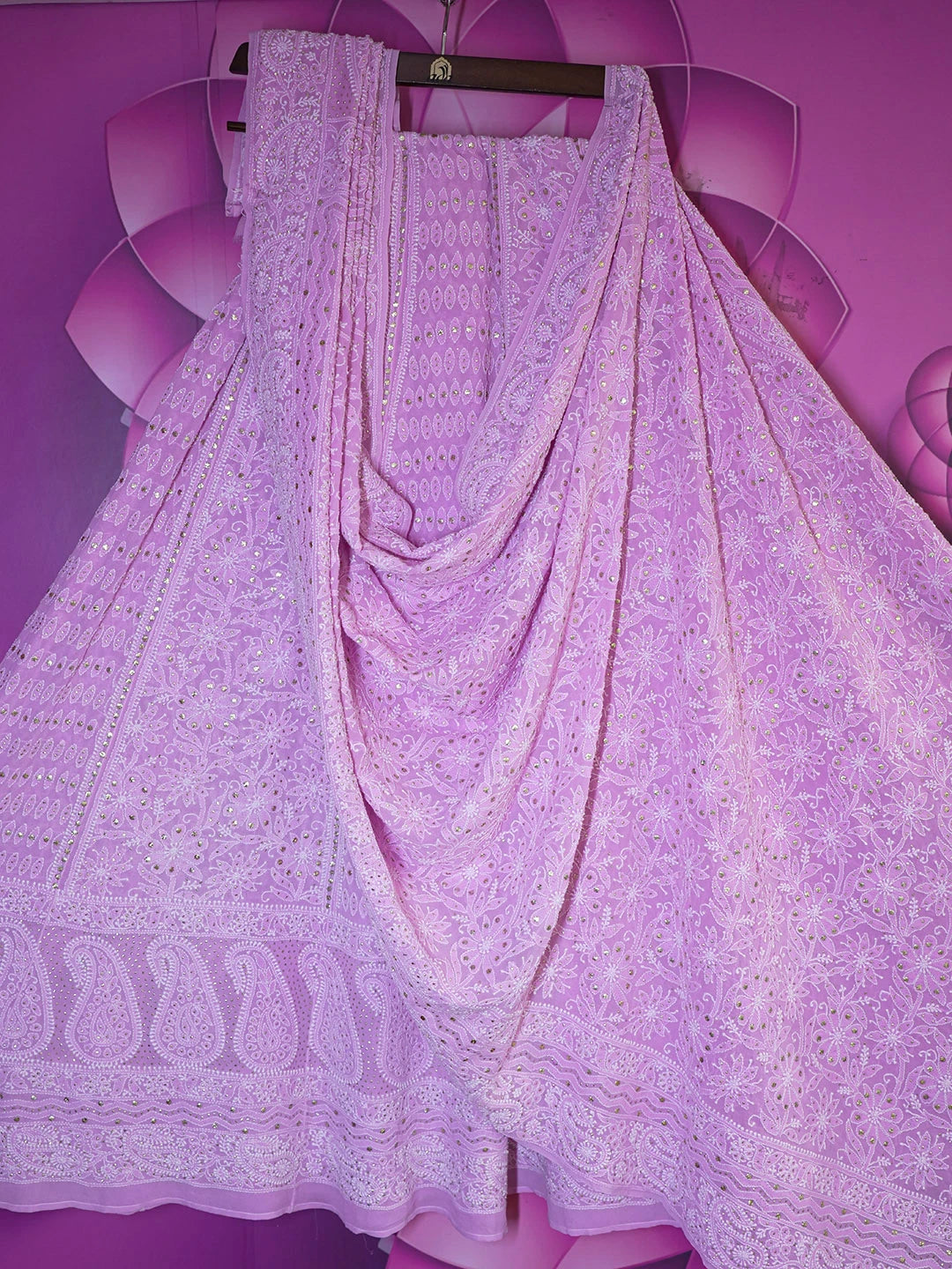 Ada Hand Embroidered Onion Pink Pure Georgette Lucknowi Chikankari Lehenga Set With Muqaish Work 01A220915