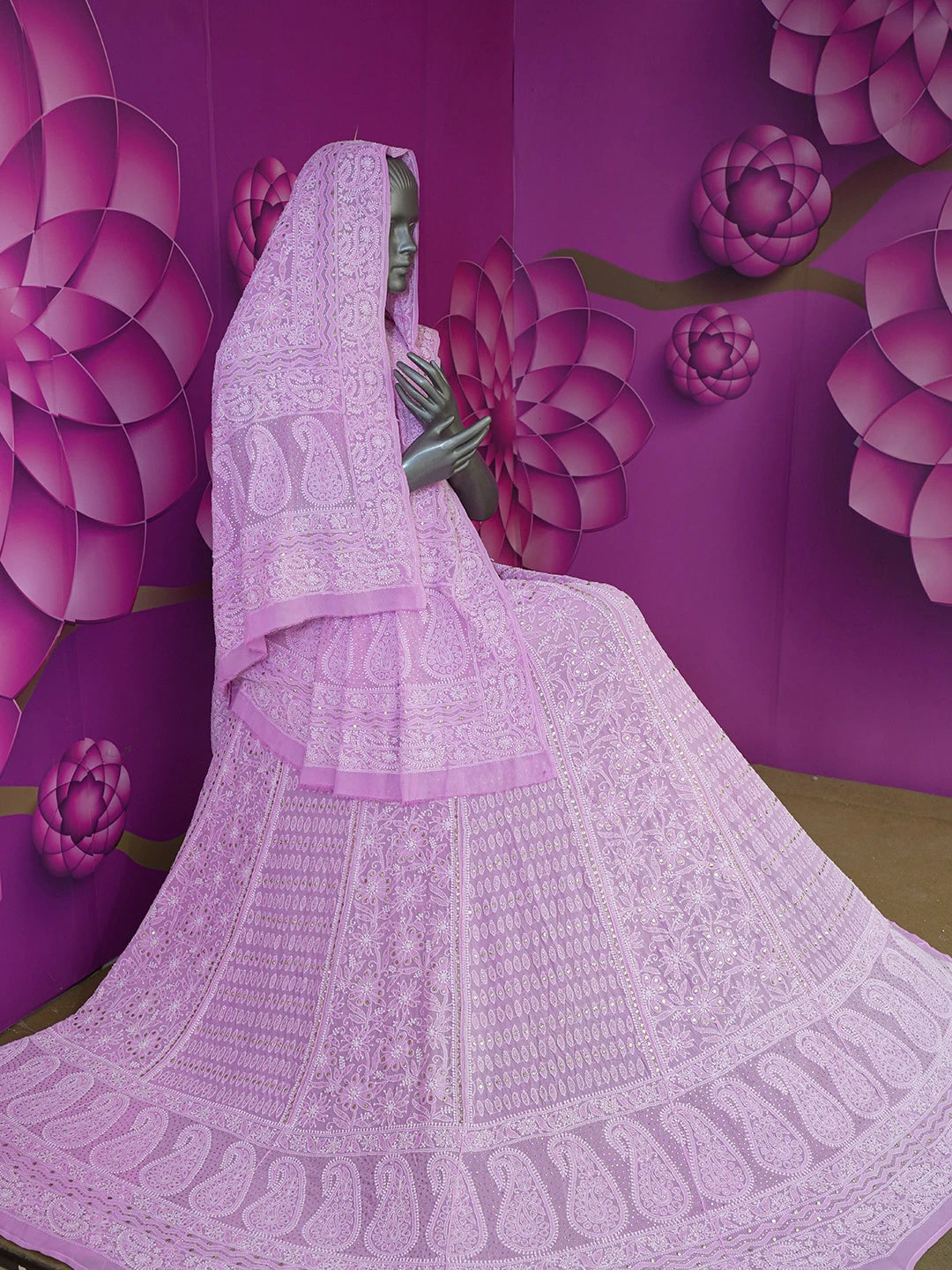 Ada Hand Embroidered Onion Pink Pure Georgette Lucknowi Chikankari Lehenga Set With Muqaish Work 01A220915