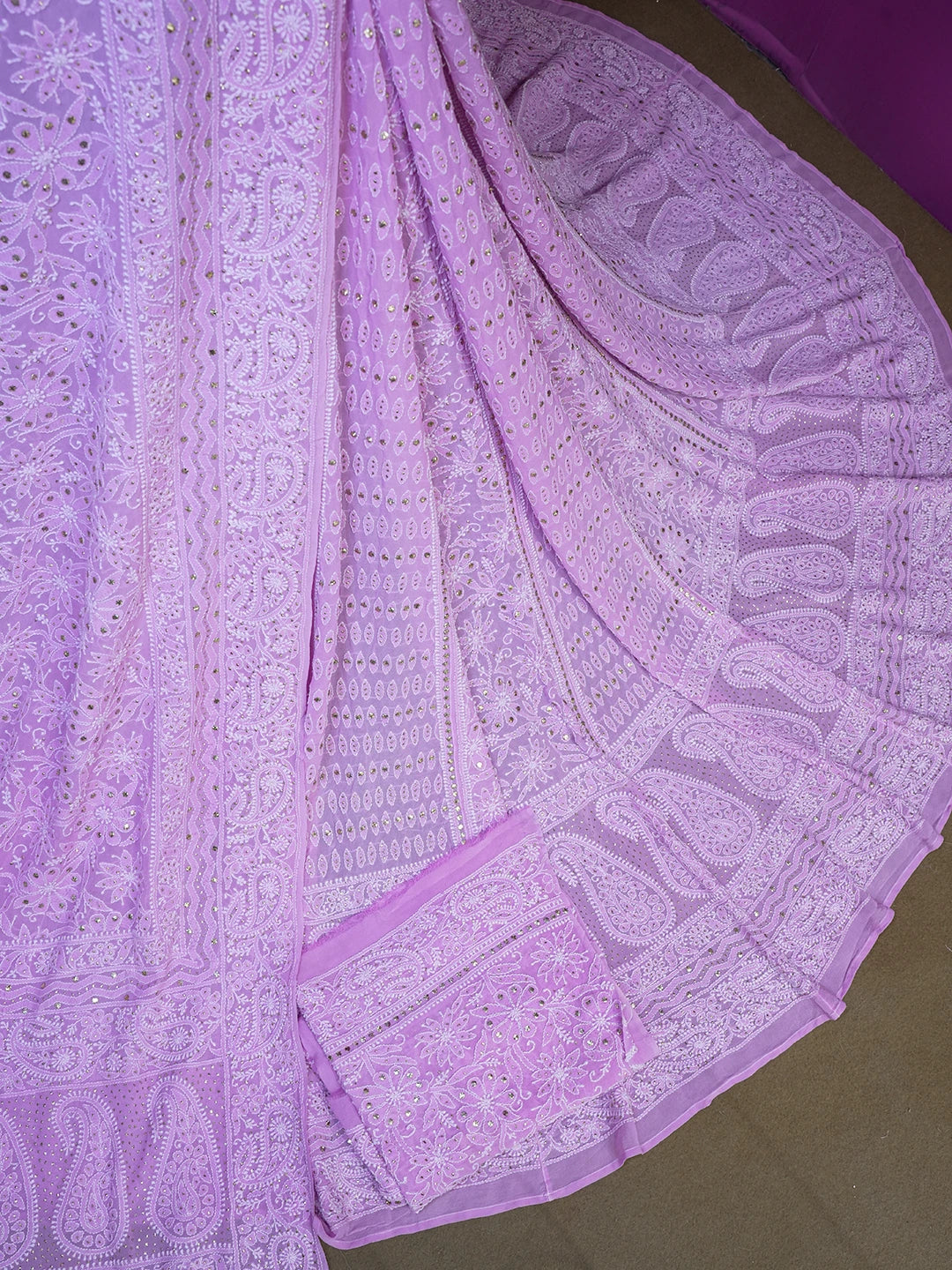 Ada Hand Embroidered Onion Pink Pure Georgette Lucknowi Chikankari Lehenga Set With Muqaish Work 01A220915