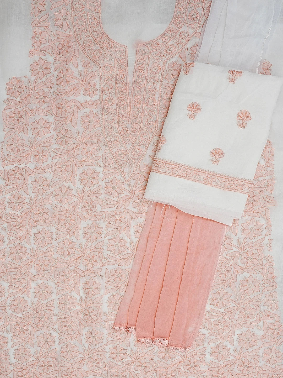 Ada Hand Embroidered White Cotton Lucknowi Chikankari Unstitched Suit Piece 01A592720