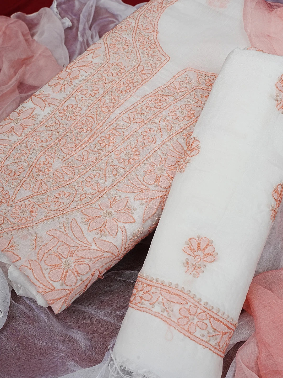 Ada Hand Embroidered White Cotton Lucknowi Chikankari Unstitched Suit Piece 01A592720